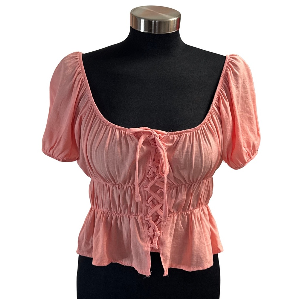 Iris Coral Pink Lace-Up Front Peplum Blouse | Size M | NWT